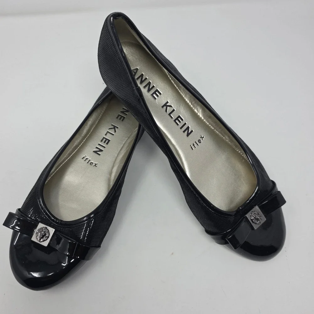 Anne Klein Tarly2 Flats Womens 8M Black Patent Bow iFlex Dress Shoes Ballet